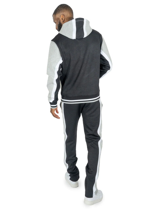 Makobi Textured Colorblock Hoodie & Pants Set — Black & Grey — back view on model