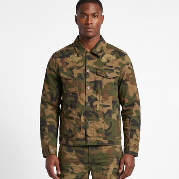 Arketype Spencer Olive Camo Denim Jacket — front view