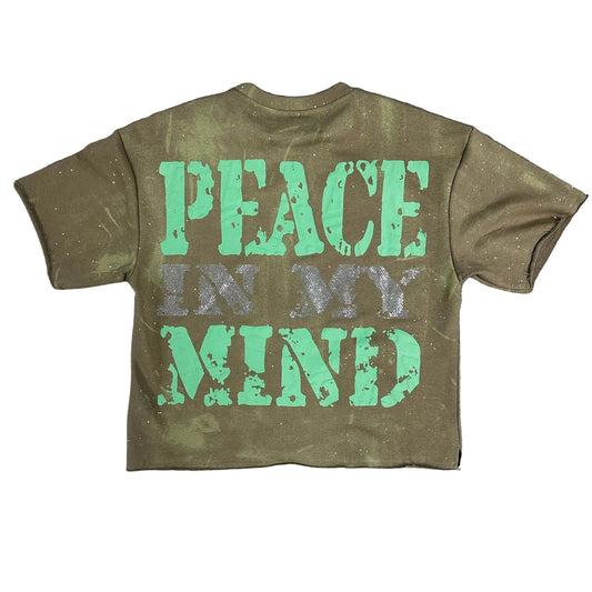 BKYS Peace cropped French terry tee in Vintage Khaki — back