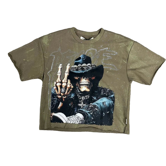 BKYS Peace cropped French terry tee in Vintage Khaki — front