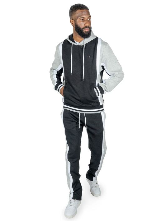Makobi Textured Colorblock Hoodie & Pants Set — Black & Grey — front view on model