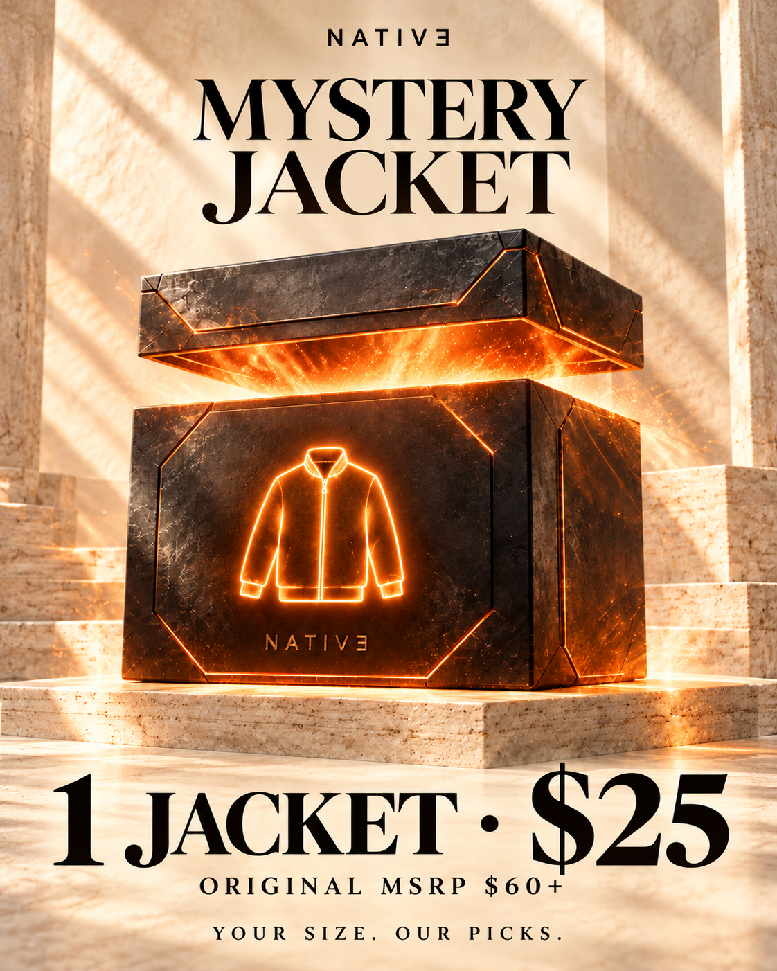 Native jackets 1 offer — glowing reveal box illustration; actual packaging and surprise items vary.