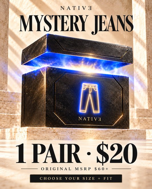 Native jeans 1 offer — glowing reveal box illustration; actual packaging and surprise items vary.