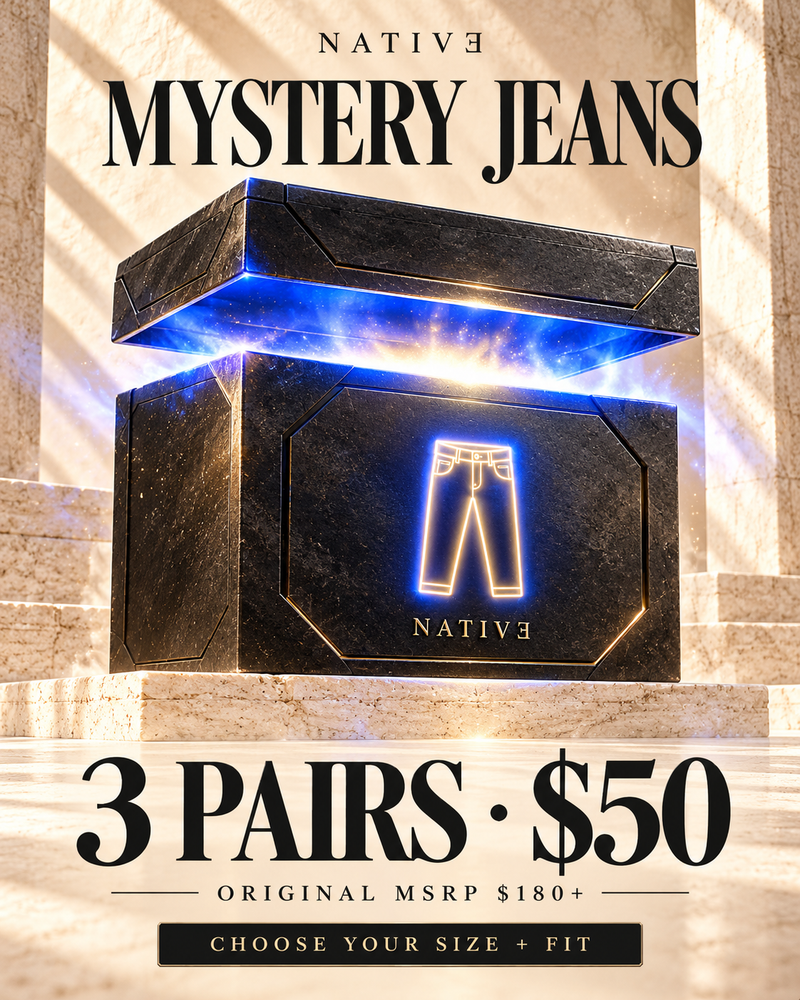 Native jeans 3 offer — glowing reveal box illustration; actual packaging and surprise items vary.