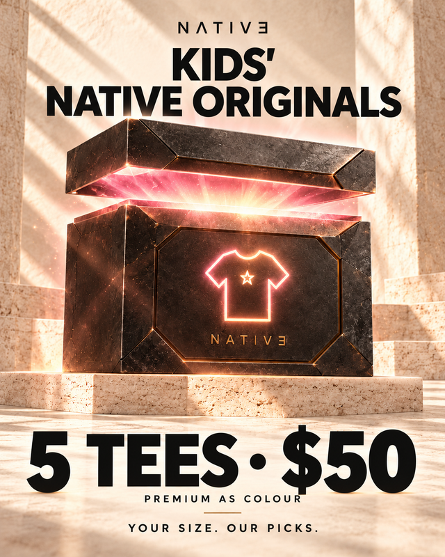 Native kids custom tees offer — glowing reveal box illustration; actual packaging and surprise items vary.