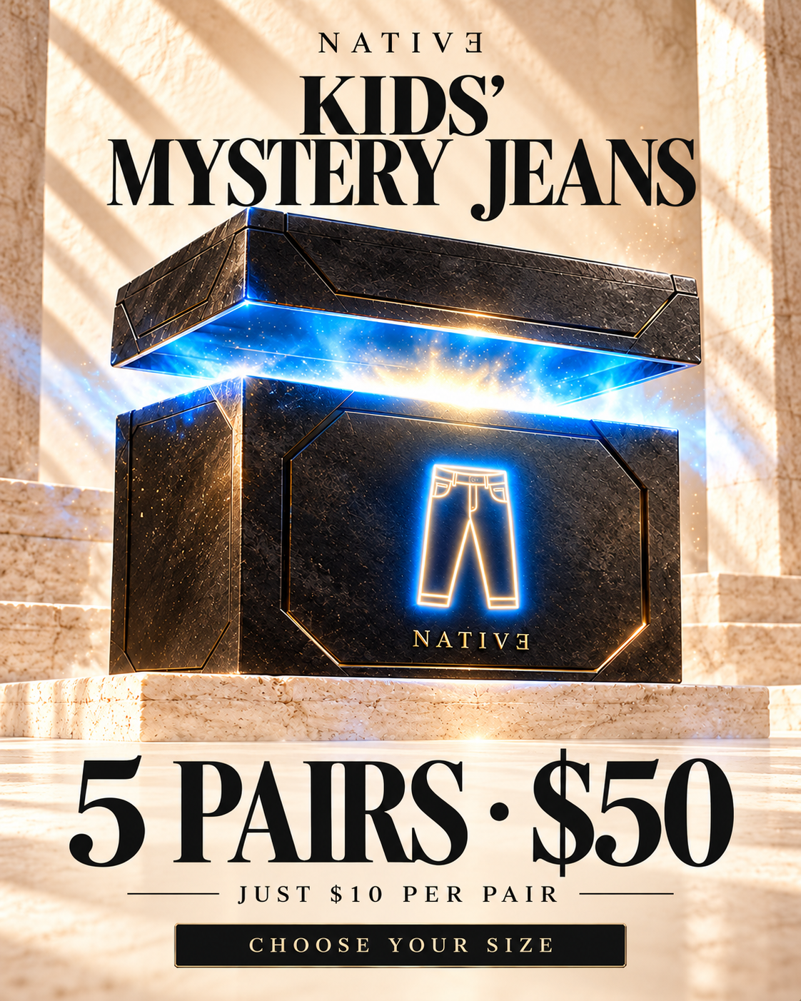 Native kids jeans offer — glowing reveal box illustration; actual packaging and surprise items vary.