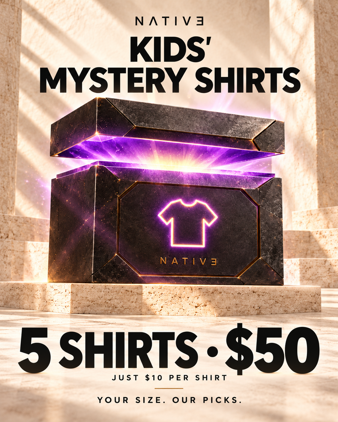 Native kids shirts offer — glowing reveal box illustration; actual packaging and surprise items vary.