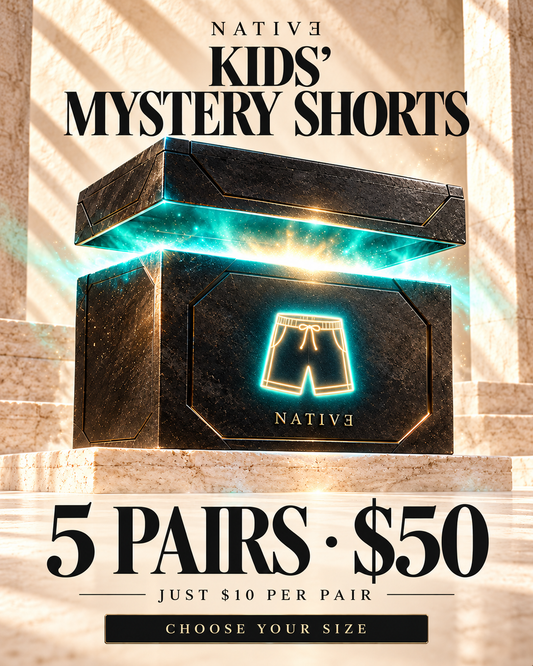 Native kids shorts offer — glowing reveal box illustration; actual packaging and surprise items vary.