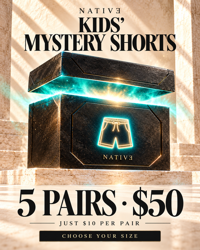 Native kids shorts offer — glowing reveal box illustration; actual packaging and surprise items vary.