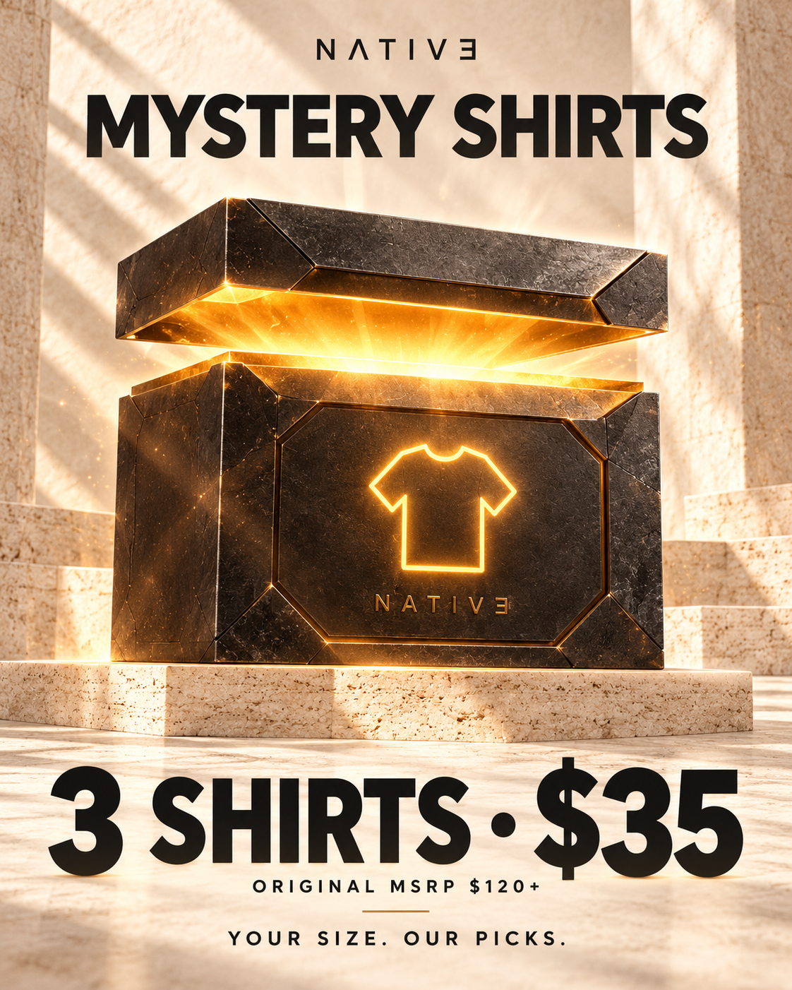 Native shirts 3 offer — glowing reveal box illustration; actual packaging and surprise items vary.