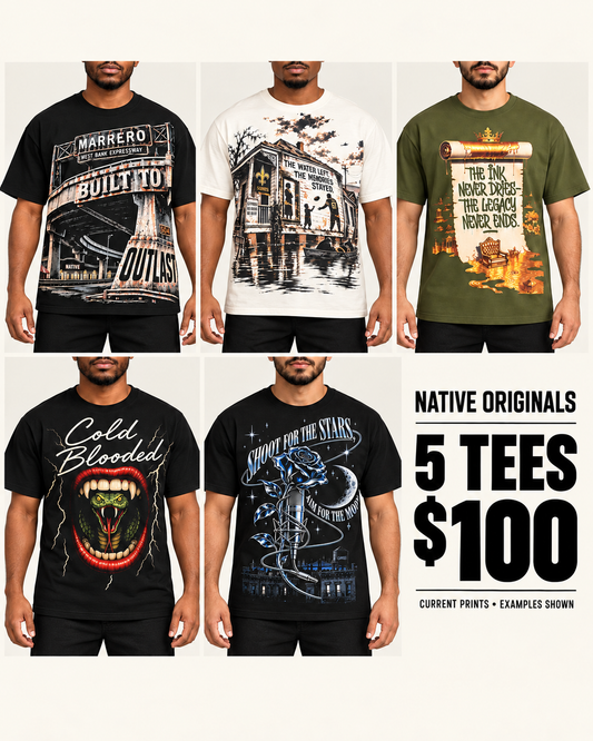 Five current Native Originals shirt designs on models: Marrero Built to Outlast, The Memories Stayed, The Ink Never Dries, Cold Blooded, and Shoot for the Stars; five tees for $100. Examples shown.
