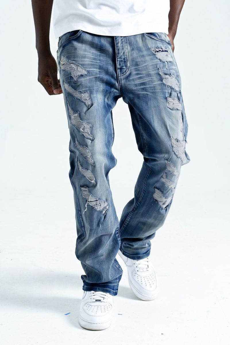 Spark Ripped & Repair Slim Straight Jeans — Medium Sandblast — featured view