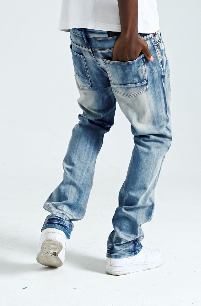 Spark Ripped & Repair Slim Straight Jeans — Medium Sandblast — alternate view