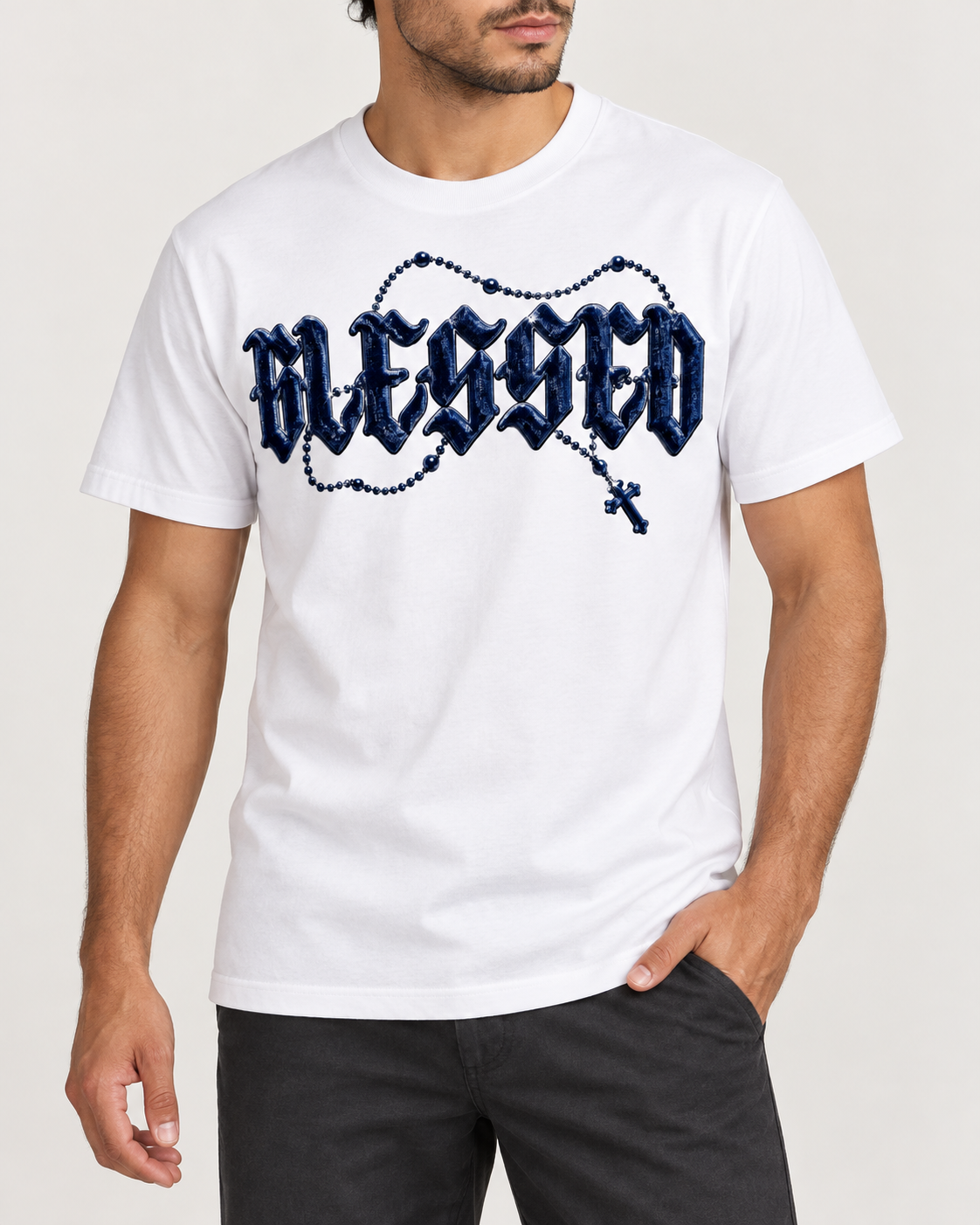 Blessed Rosary — White/Navy