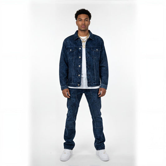 Vicious blue abstract denim jacket and jeans — full look, pieces sold separately