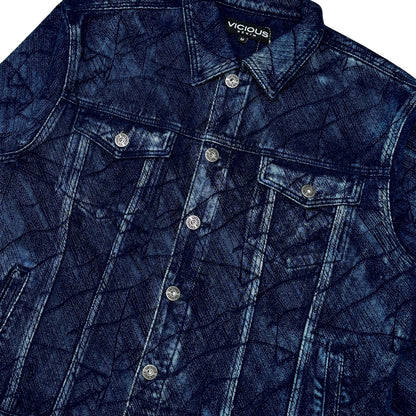 Vicious blue abstract denim jacket — pattern and pocket detail