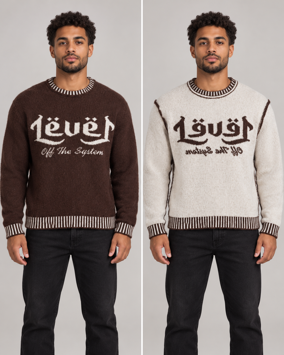 Rich Gang Afterhours Switch — Cocoa / Ivory — styled views of both wearable sides of one sweater