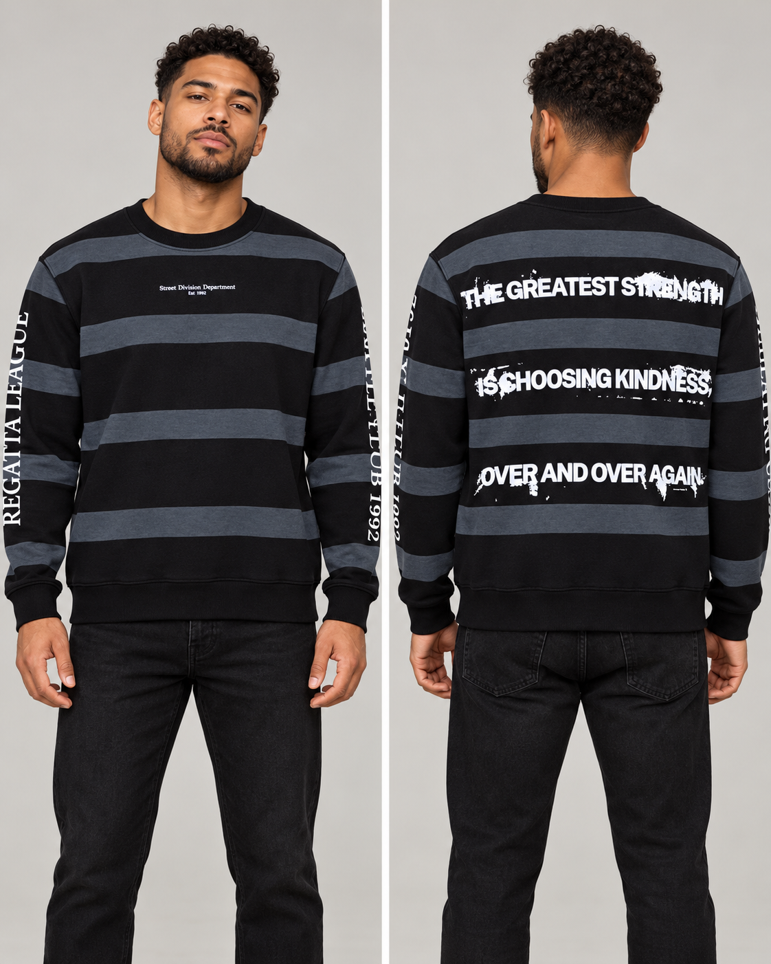 Rich Gang Concrete Code — Black / Slate — styled front and back model views