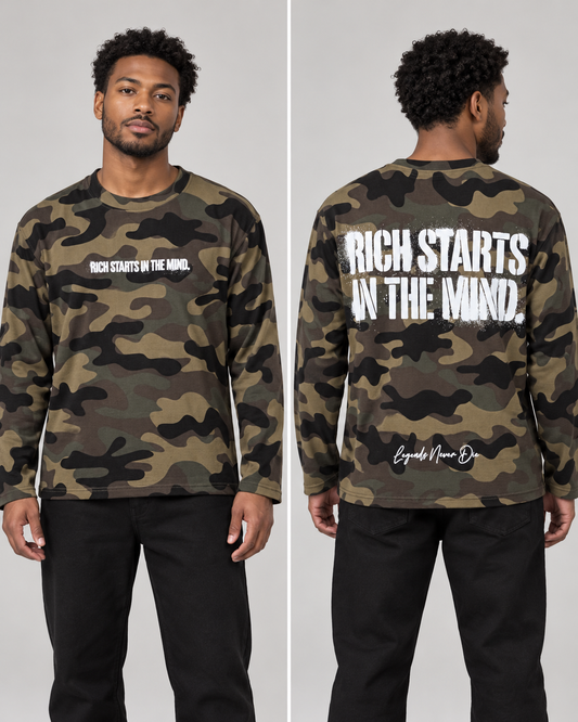 Rich Gang Mindset Ops — Woodland Camo — styled front and back model views