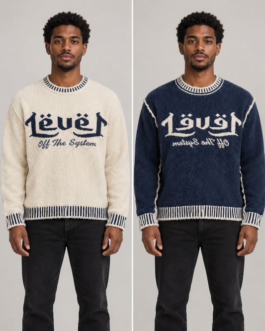 Rich Gang Night Tide — Navy / Cream — styled views of both wearable sides of one sweater
