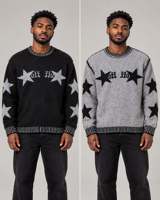 Rich Gang Star Shift — Black / Heather Gray — styled views of both wearable sides of one sweater