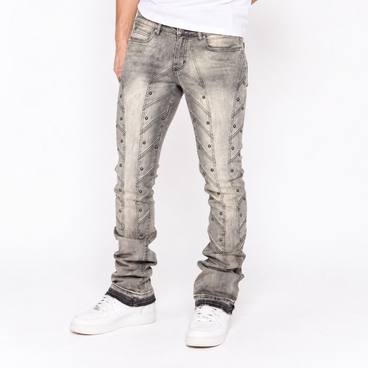 Waimea studded stacked jeans in Antique Grey, model view
