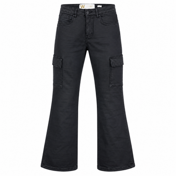 Waimea waxed cargo flare jeans in Jet Black Wax
